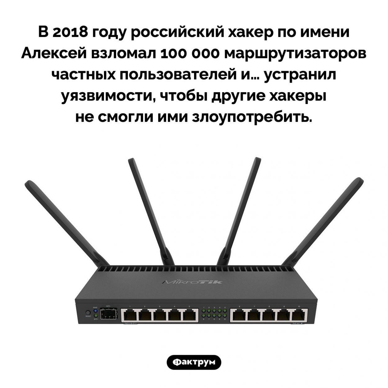 В 2018 году российский хакер взломал 100 000 маршрутизаторов, а потом заделал в них «дыры» уязвимости. В 2018 году российский хакер по имени Алексей взломал 100 000 маршрутизаторов частных пользователей и… устранил уязвимости, чтобы другие хакеры не смогли ими злоупотребить.