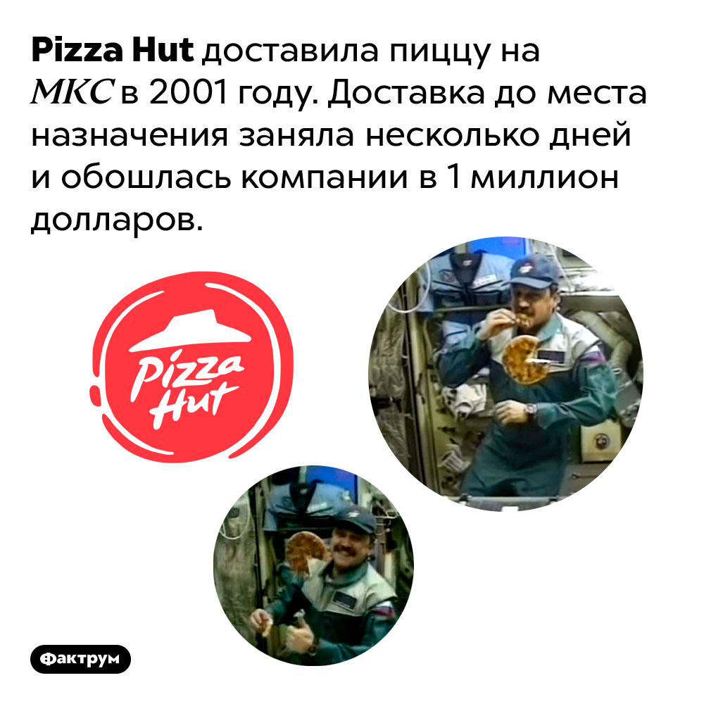 Pizza Hut доставила пиццу на МКС. Pizza Hut доставила пиццу на МКС в 2001 году. Доставка до места назначения заняла несколько дней и обошлась компании в 1 миллион долларов.