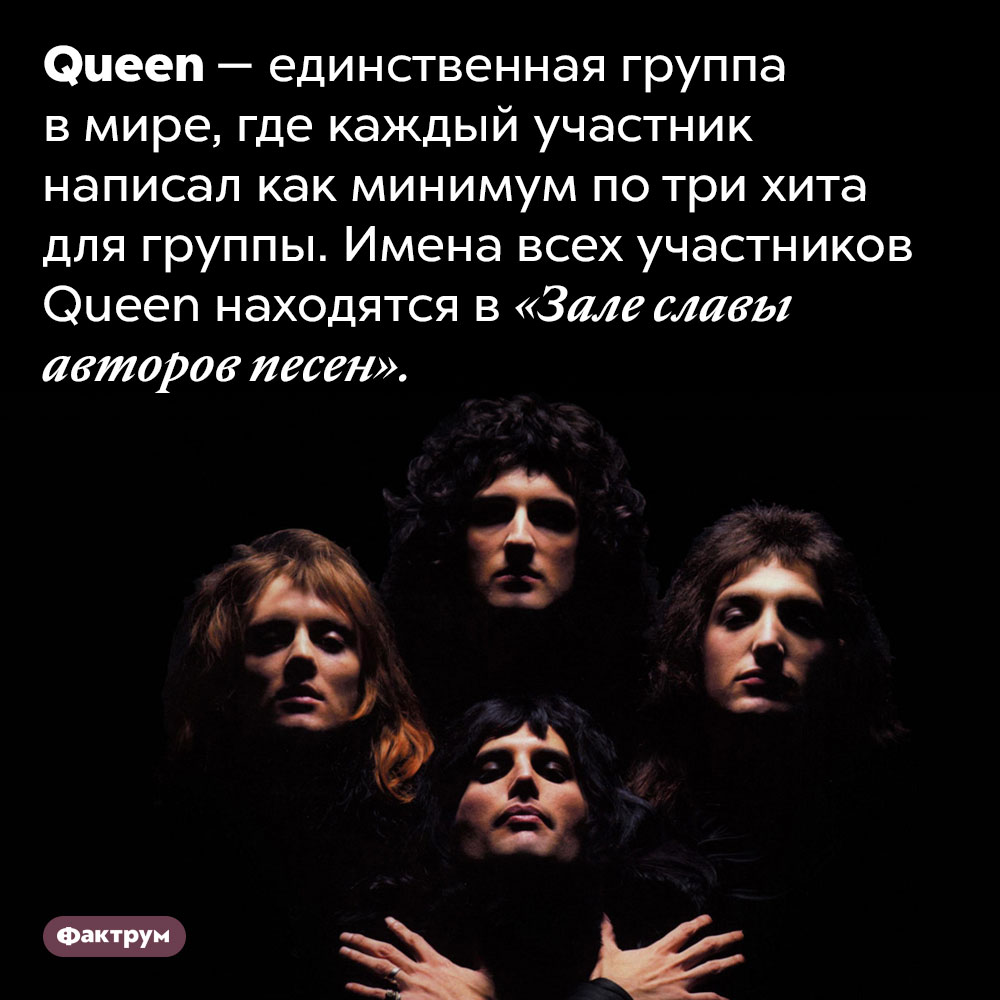 Все участники Queen написали хиты для группы. Queen — единственная группа в мире, где каждый участник написал как минимум по три хита для группы. Имена всех участников Queen находятся в «Зале славы авторов песен».