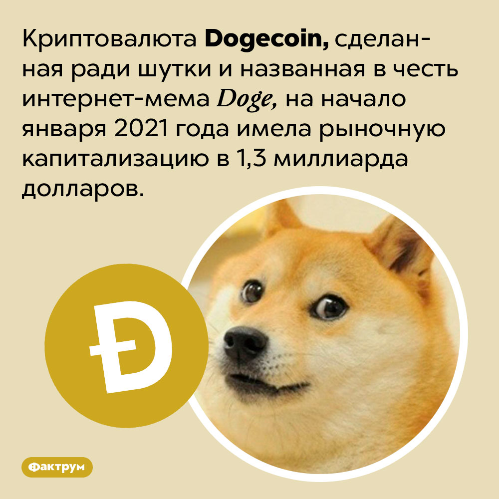 Шуточная криптовалюта заработала больше миллиарда долларов. Криптовалюта Dogecoin, сделанная ради шутки и названная в честь интернет-мема Doge, на начало января 2021 года имела рыночную капитализацию в 1,3 миллиарда долларов.