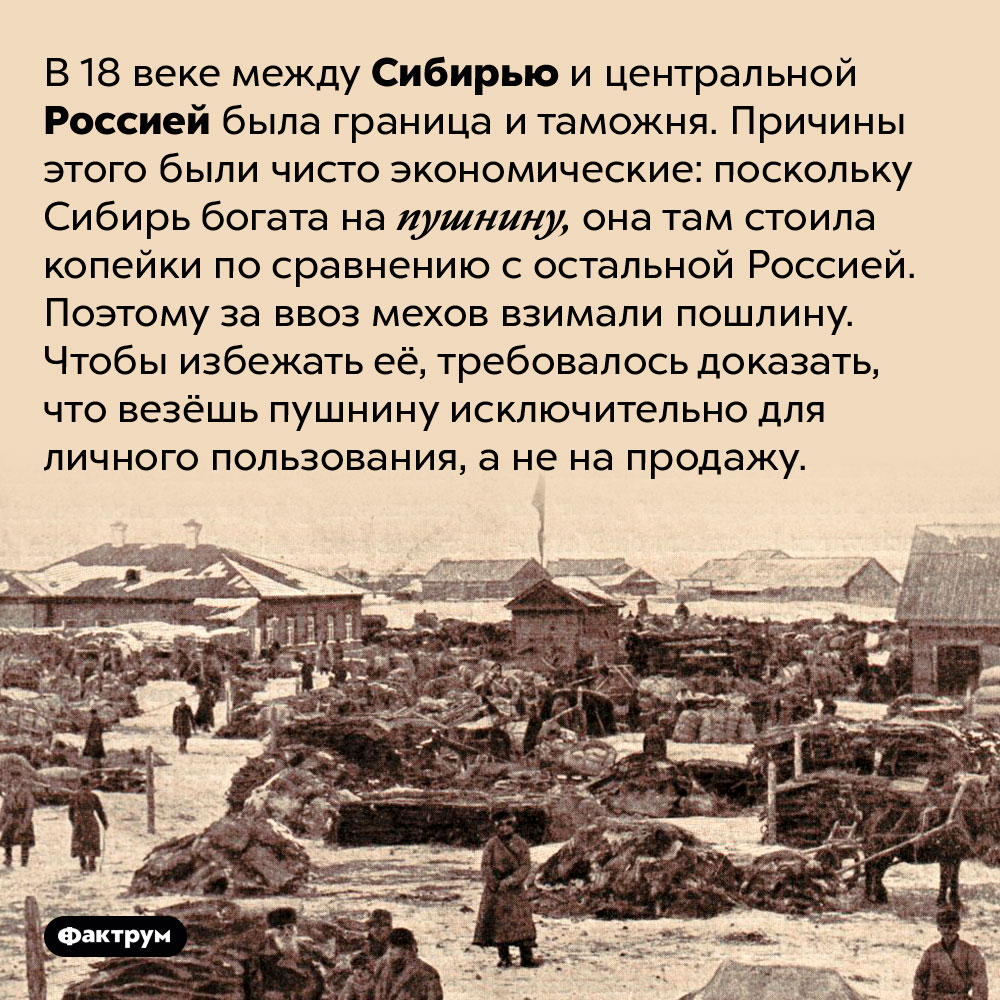 В 18 веке между Сибирью и остальной Россией была таможенная граница. В 18 веке между Сибирью и центральной Россией была граница и таможня. Причины этого были чисто экономические: поскольку Сибирь богата на пушнину, она там стоила копейки по сравнению с остальной Россией. Поэтому за ввоз мехов взимали пошлину. Чтобы избежать её, требовалось доказать, что везёшь пушнину исключительно для личного пользования, а не на продажу.