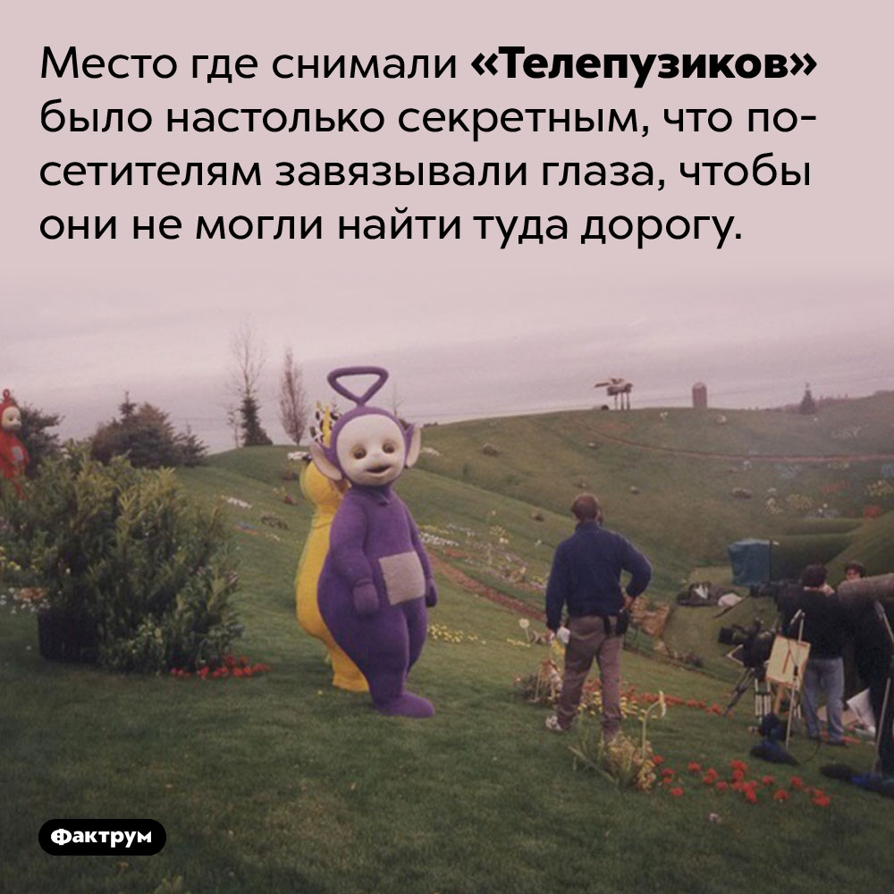 Место съёмки «Телепузиков» держали в тайне. Место где снимали «Телепузиков» было настолько секретным, что посетителям завязывали глаза, чтобы они не могли найти туда дорогу.