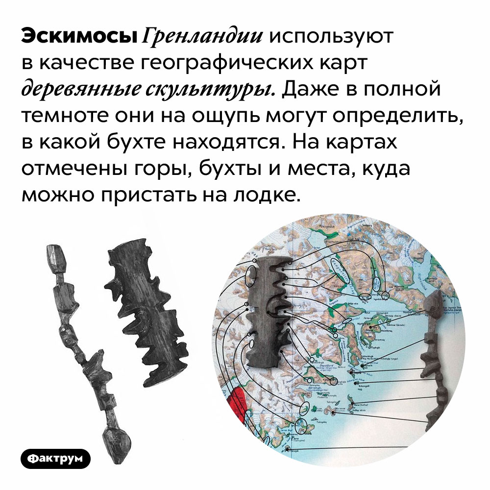 Гренландские эскимосы используют деревянные скульптуры вместо географических карт. Эскимосы Гренландии используют в качестве географических карт деревянные скульптуры. Даже в полной темноте они на ощупь могут определить, в какой бухте находятся. На картах отмечены горы, бухты и места, куда можно пристать на лодке.