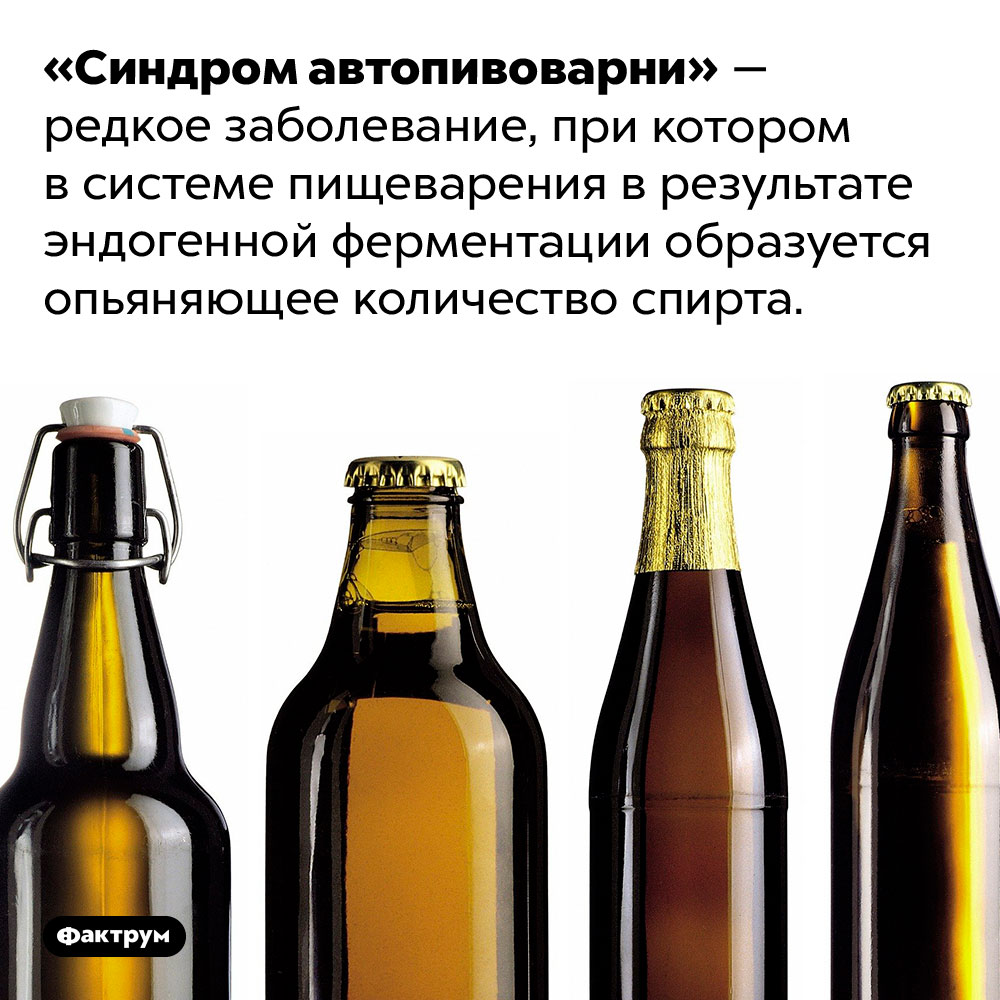Пищеварительная система способна сама вырабатывать алкоголь. «Синдром автопивоварни» — редкое заболевание, при котором в системе пищеварения в результате эндогенной ферментации образуется опьяняющее количество спирта.