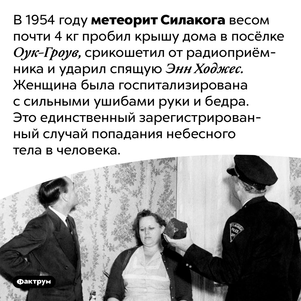 Науке известен всего один случай попадания небесного тела в человека. В 1954 году метеорит Силакога весом почти 4 кг пробил крышу дома в посёлке Оук-Гроув, срикошетил от радиоприёмника и ударил спящую Энн Ходжес. Женщина была госпитализирована с сильными ушибами руки и бедра. Это единственный зарегистрированный случай попадания небесного тела в человека.