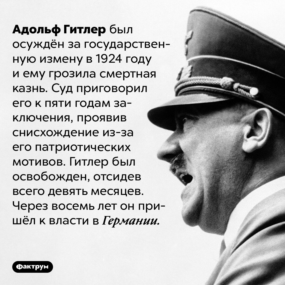 Гитлер отсидел девять месяцев за государственную измену. Адольф Гитлер был осуждён за государственную измену в 1924 году и ему грозила смертная казнь. Суд приговорил его к пяти годам заключения, проявив снисхождение из-за его патриотических мотивов. Гитлер был освобожден, отсидев всего девять месяцев. Через восемь лет он пришёл к власти в Германии.