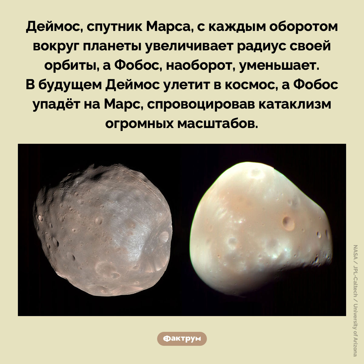 Что случится со спутниками Марса Деймосом и Фобосом. Деймос, спутник Марса, с каждым оборотом вокруг планеты увеличивает радиус своей орбиты, а Фобос, наоборот, уменьшает. В будущем Деймос улетит в космос, а Фобос упадёт на Марс, спровоцировав катаклизм огромных масштабов.