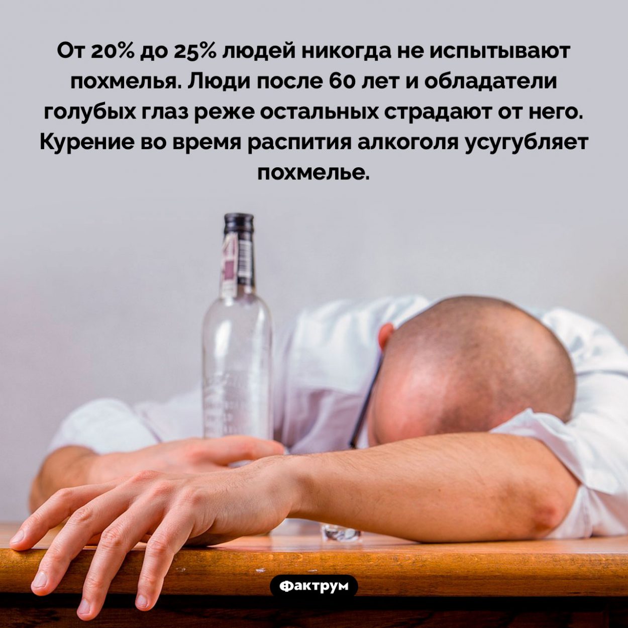 Примерно четверть людей не испытывают похмелья. От 20% до 25% людей никогда не испытывают похмелья. Люди после 60 лет и обладатели голубых глаз реже остальных страдают от него. Курение во время распития алкоголя усугубляет похмелье.