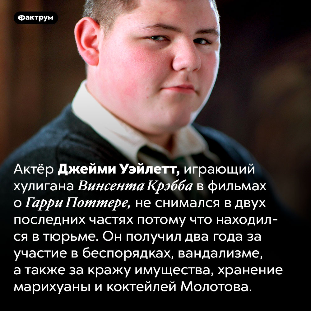 Актёр, сыгравший хулигана Крэбба в «Гарри Поттере», и впрямь хулиган. Актёр Джейми Уэйлетт, играющий хулигана Винсента Крэбба в фильмах о Гарри Поттере, не снимался в двух последних частях потому что находился в тюрьме. Он получил два года за участие в беспорядках, вандализме, а также за кражу имущества, хранение марихуаны и коктейлей Молотова.
