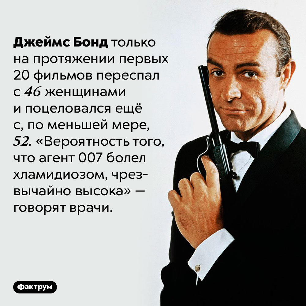 Джеймс Бонд наверняка болел хламидиозом. Джеймс Бонд только на протяжении первых 20 фильмов переспал с 46 женщинами и поцеловался ещё с, по меньшей мере, 52. «Вероятность того, что агент 007 болел хламидиозом, чрезвычайно высока» — говорят врачи. 