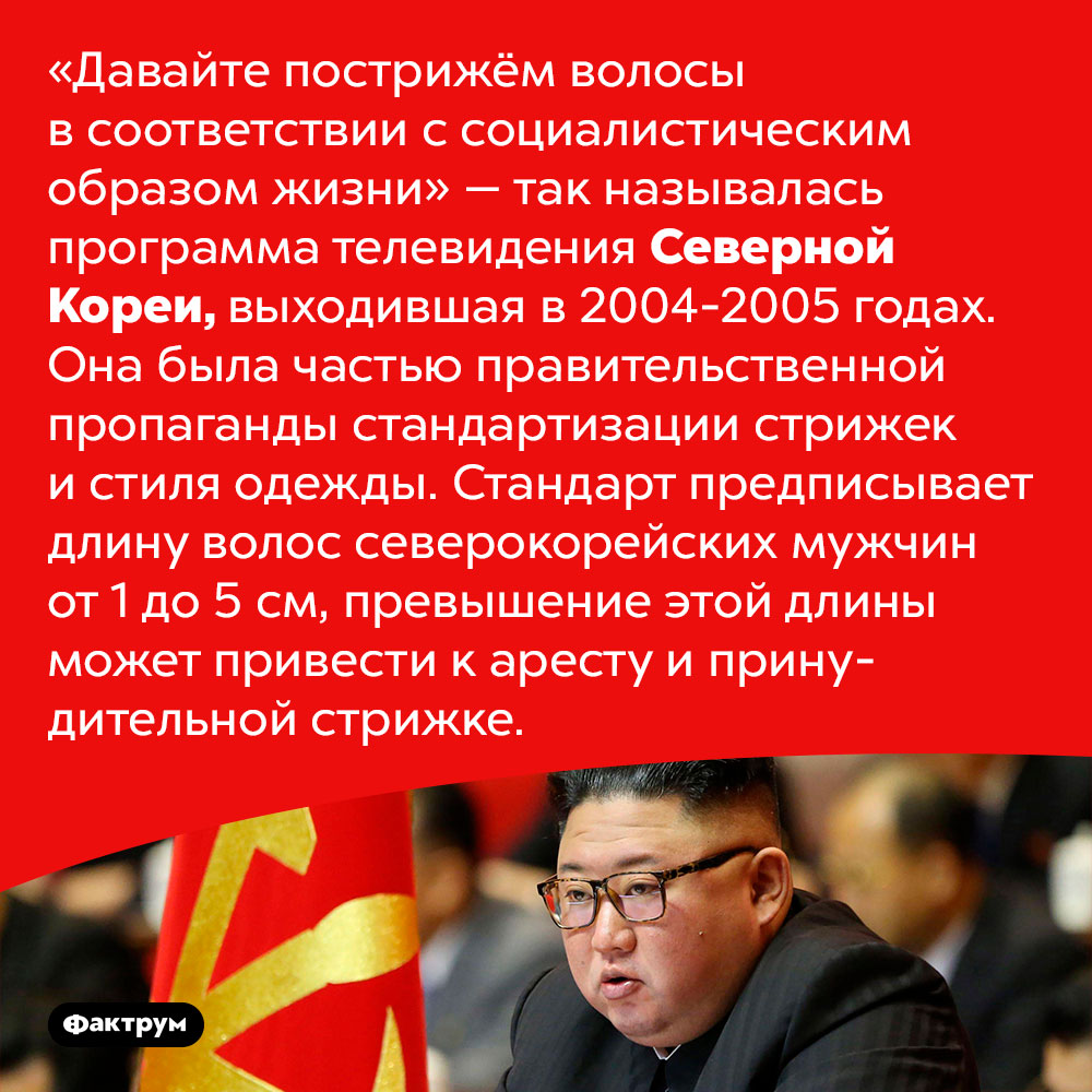 В Северной Корее запрещены «не социалистические» стрижки. «Давайте пострижём волосы в соответствии с социалистическим образом жизни» — так называлась программа телевидения Северной Кореи, выходившая в 2004-2005 годах. Она была частью правительственной пропаганды стандартизации стрижек и стиля одежды. Стандарт предписывает длину волос северокорейских мужчин от 1 до 5 см, превышение этой длины может привести к аресту и принудительной стрижке.