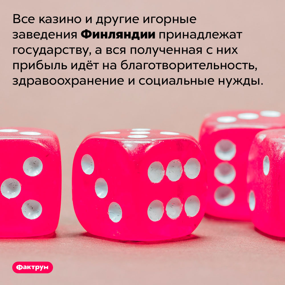 В Финляндии все игорные заведения — государственные. Все казино и другие игорные заведения Финляндии принадлежат государству, а вся полученная с них прибыль идёт на благотворительность, здравоохранение и социальные нужды.