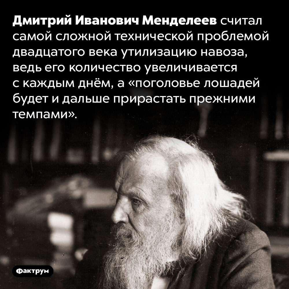 Менделеев считал навоз главной проблемой 20 века. Дмитрий Иванович Менделеев считал самой сложной технической проблемой двадцатого века утилизацию навоза, ведь его количество увеличивается с каждым днём, а «поголовье лошадей будет и дальше прирастать прежними темпами».