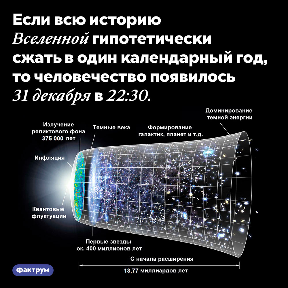 Человечество появилось совсем недавно. Если всю историю Вселенной гипотетически сжать в один календарный год, то человечество появилось 31 декабря в 22:30.