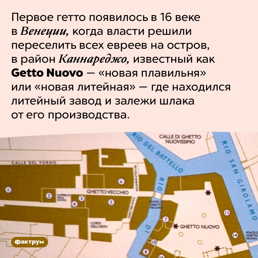 Слово «гетто» пришло из итальянского языка и означает «плавильня». Первое гетто появилось в 16 веке в Венеции, когда власти решили переселить всех евреев на остров, в район Каннареджо, известный как Getto Nuovo — «новая плавильня» или «новая литейная» — где находился литейный завод и залежи шлака от его производства.