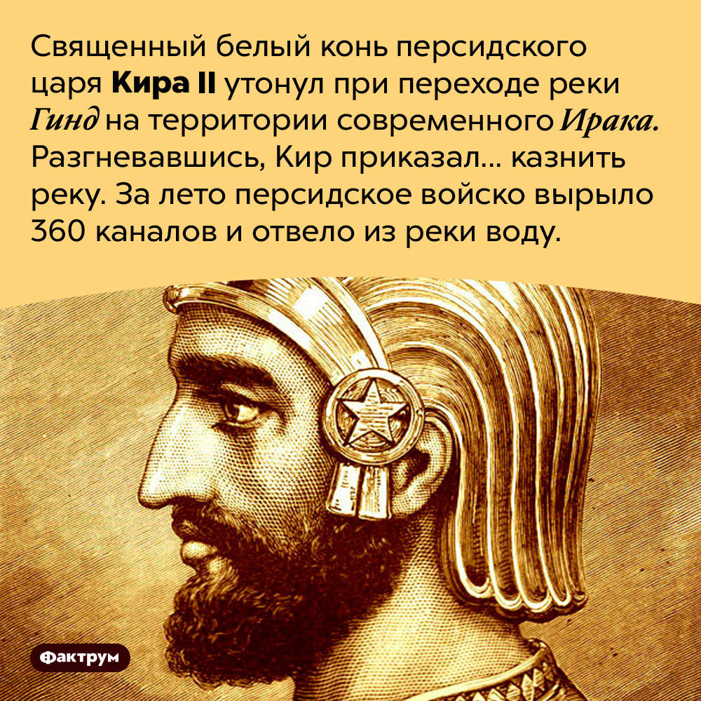 Один царь казнил реку. Священный белый конь персидского царя Кира II утонул при переходе реки Гинд на территории современного Ирака. Разгневавшись, Кир приказал... казнить реку. За лето персидское войско вырыло 360 каналов и отвело из реки воду.