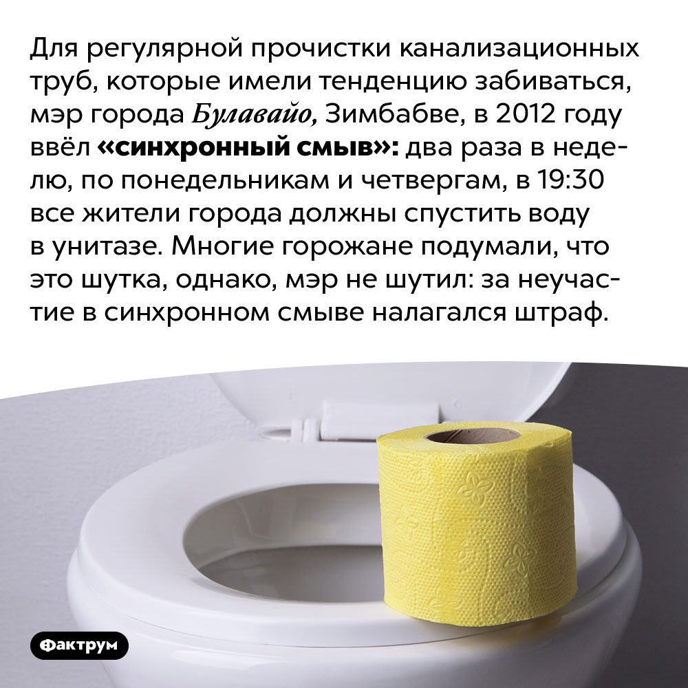 «Синхронный смыв» — одновременное спускание воды в унитазе жителями всего города. Для регулярной прочистки канализационных труб, которые имели тенденцию забиваться, мэр города Булавайо, Зимбабве, в 2012 году ввёл «синхронный смыв»: два раза в неделю, по понедельникам и четвергам, в 19:30 все жители города должны спустить воду в унитазе. Многие горожане подумали, что это шутка, однако, мэр не шутил: за неучастие в синхронном смыве налагался штраф.