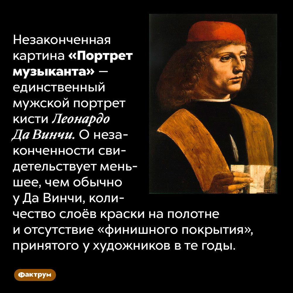 «Портрет музыканта» — единственный портрет мужчины, написанный Леонардо Да Винчи. Незаконченная картина «Портрет музыканта» — единственный мужской портрет кисти Леонардо Да Винчи. О незаконченности свидетельствует меньшее, чем обычно у Да Винчи, количество слоёв краски на полотне и отсутствие финишного покрытия, принятого у художников в те годы.