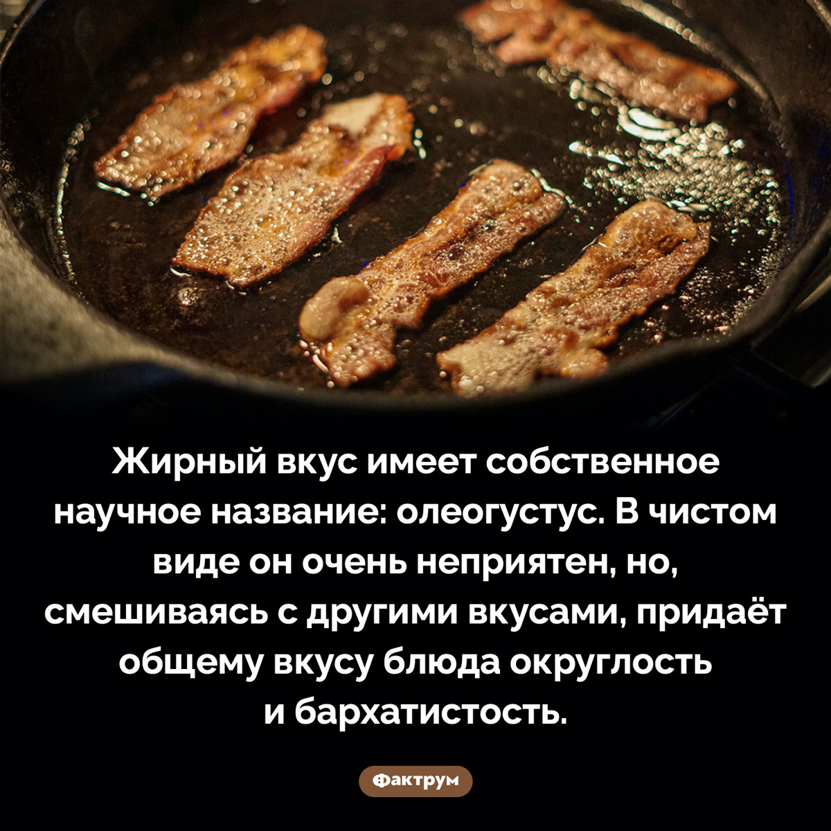 Жирный вкус называется олеогустус. Жирный вкус имеет собственное научное название: олеогустус. В чистом виде он очень неприятен, но, смешиваясь с другими вкусами, придаёт общему вкусу блюда округлость и бархатистость.