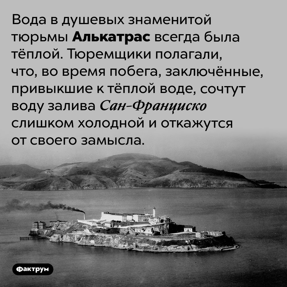 Почему в тюрьме Алькатрас заключённые мылись в тёплой воде. Вода в душевых знаменитой тюрьмы Алькатрас всегда была тёплой. Тюремщики полагали, что, во время побега, заключённые, привыкшие к тёплой воде, сочтут воду залива Сан-Франциско слишком холодной и откажутся от своего замысла. 