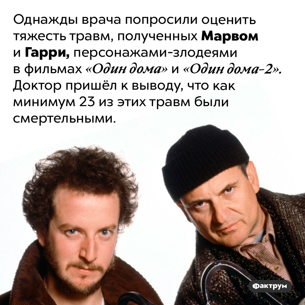 Как минимум 23 из травм, полученных злодеями из «Один дома», были смертельными. Однажды врача попросили оценить тяжесть травм, полученных Марвом и Гарри, персонажами-злодеями в фильмах «Один дома» и «Один дома-2». Доктор пришёл к выводу, что как минимум 23 из этих травм были смертельными.