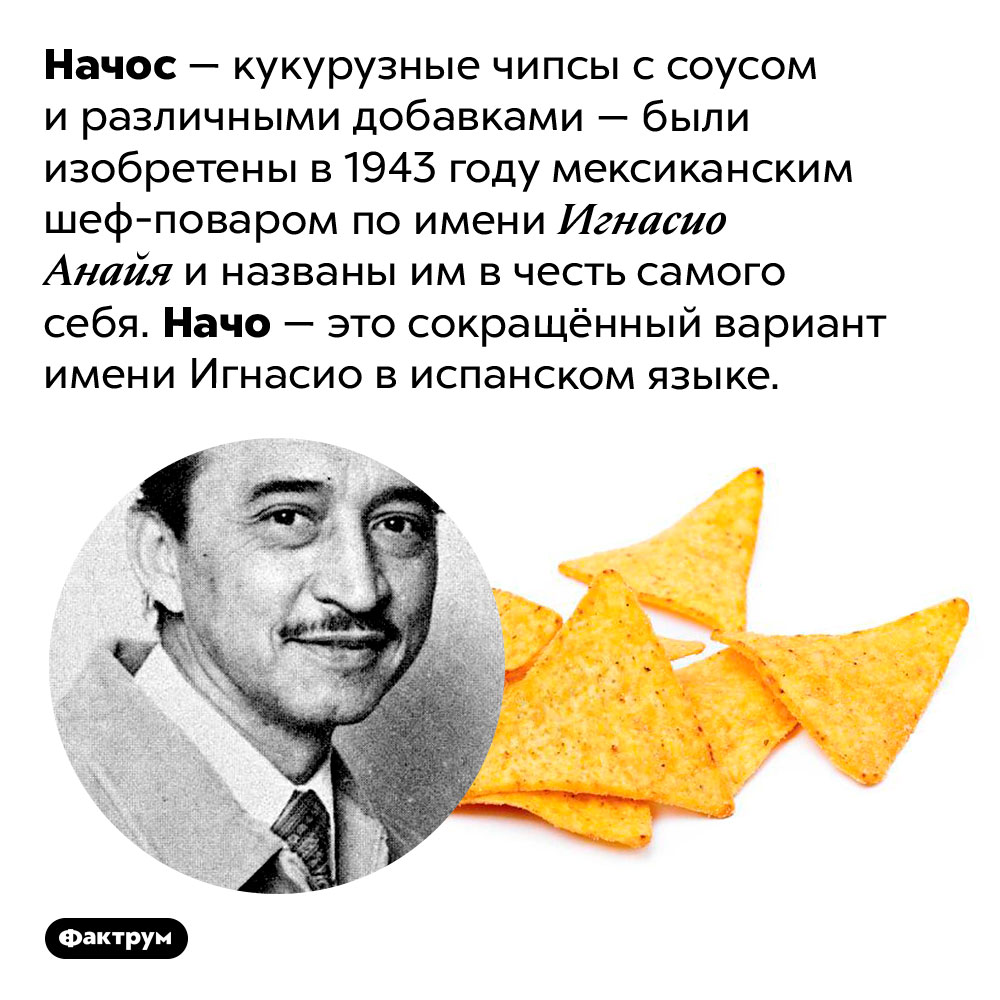 Начос изобрёл шеф-повар Игнасио Анайя и назвал в честь себя. Начос — кукурузные чипсы с соусом и различными добавками — были изобретены в 1943 году мексиканским шеф-поваром по имени Игнасио Анайя и названы им в честь самого себя. Начо — это сокращённый вариант имени Игнасио в испанском языке.