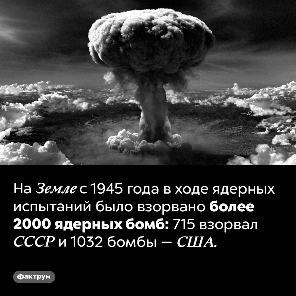 Человечество взорвало более 2000 ядерных бомб. На Земле с 1945 года в ходе ядерных испытаний было взорвано более 2000 ядерных бомб: 715 взорвал СССР и 1032 бомбы — США.
