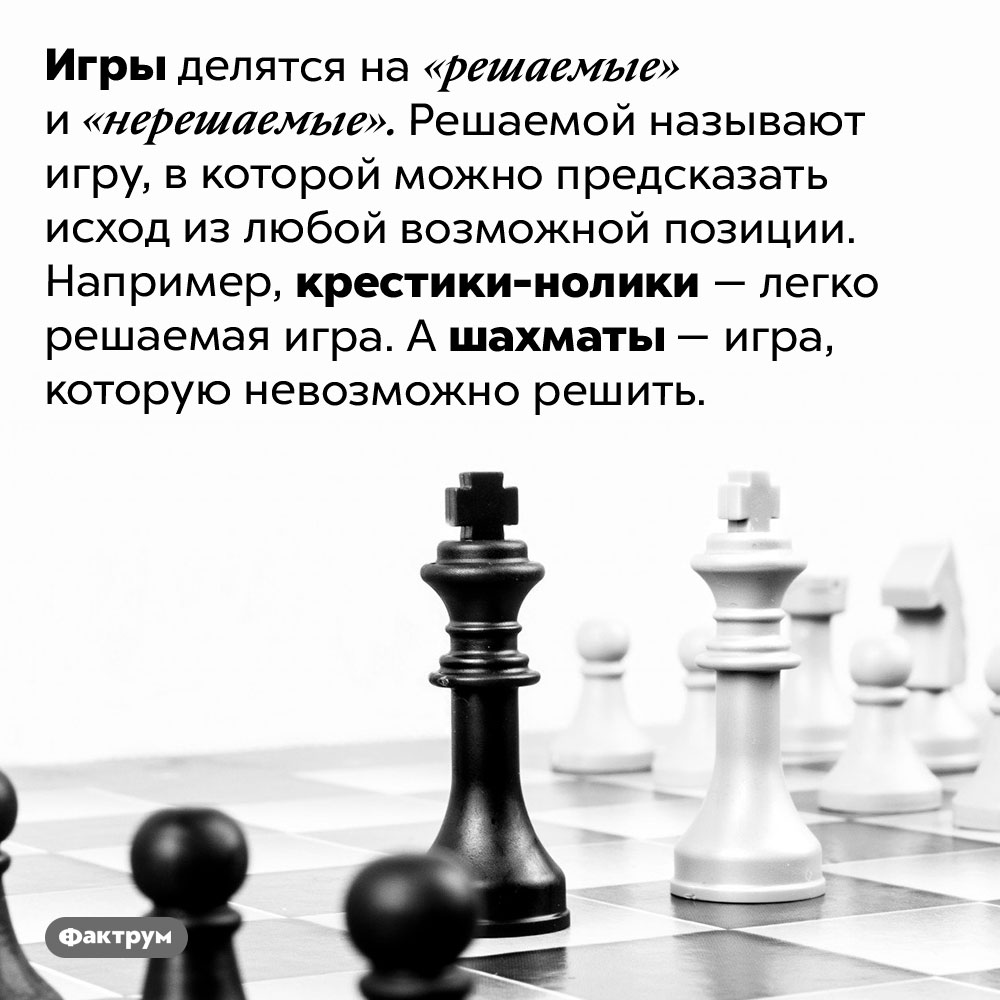Игры бывают решаемые и нерешаемые. Игры делятся на «решаемые» и «нерешаемые». Решаемой называют игру, в которой можно предсказать исход из любой возможной позиции. Например, крестики-нолики — легко решаемая игра. А шахматы — игра, которую невозможно решить.