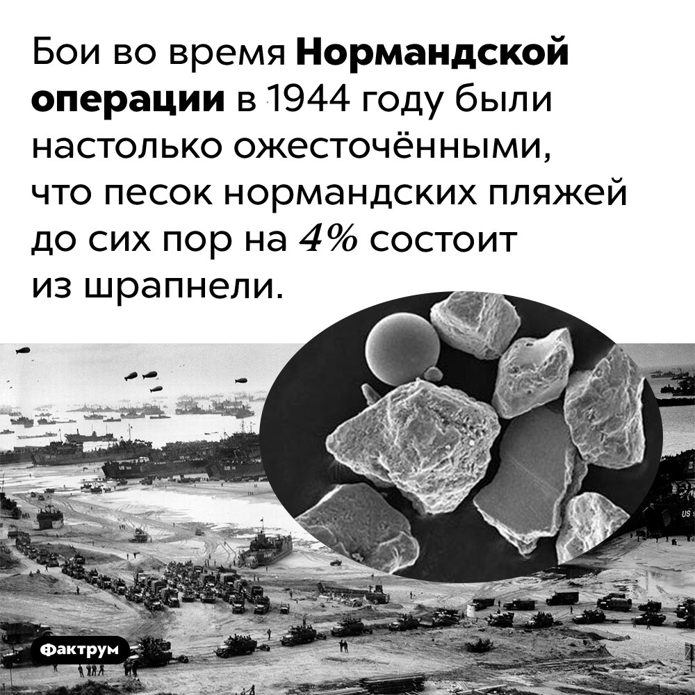 Песок нормандских пляжей на 4% состоит из шрапнели. Бои во время Нормандской операции в 1944 году были настолько ожесточёнными, что песок нормандских пляжей до сих пор на 4% состоит из шрапнели. 