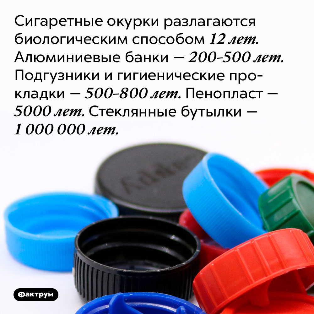 На биоразложение бутылки уходит миллион лет. Сигаретные окурки разлагаются биологическим способом 12 лет. Алюминиевые банки — 200-500 лет. Подгузники и гигиенические прокладки — 500-800 лет. Пенопласт — 5000 лет. Стеклянные бутылки — 1 000 000 лет.
