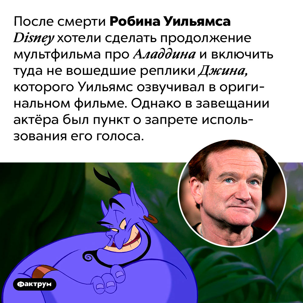 Робин Уильямс запретил использовать свой голос после смерти. После смерти Робина Уильямса Disney хотели сделать продолжение мультфильма про Аладдина и включить туда не вошедшие реплики Джина, которого Уильямс озвучивал в оригинальном фильме. Однако в завещании актёра был пункт о запрете использования его голоса.