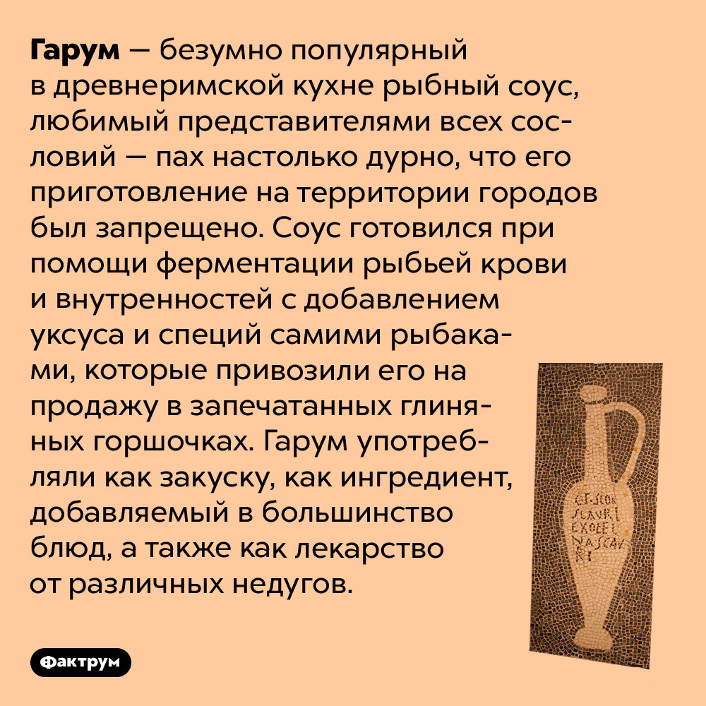 Самый популярный древнеримский соус так плохо пах, что его готовили только за городом. Гарум — безумно популярный в древнеримской кухне рыбный соус, любимый представителями всех сословий — пах настолько дурно, что его приготовление на территории городов был запрещено. Соус готовился при помощи ферментации рыбьей крови и внутренностей с добавлением уксуса и специй самими рыбаками, которые привозили его на продажу в запечатанных глиняных горшочках. Гарум употребляли как закуску, как ингредиент, добавляемый в большинство блюд, а также как лекарство от различных недугов.