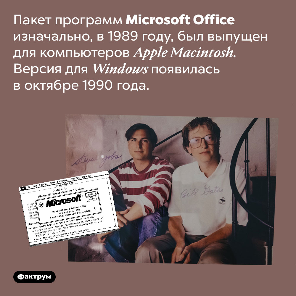 Программы <em>Microsoft Office</em> изначально предназначались для <em>Apple</em>. Пакет программ Microsoft Office изначально, в 1989 году, был выпущен для компьютеров Apple Macintosh. Версия для Windows появилась в октябре 1990 года.