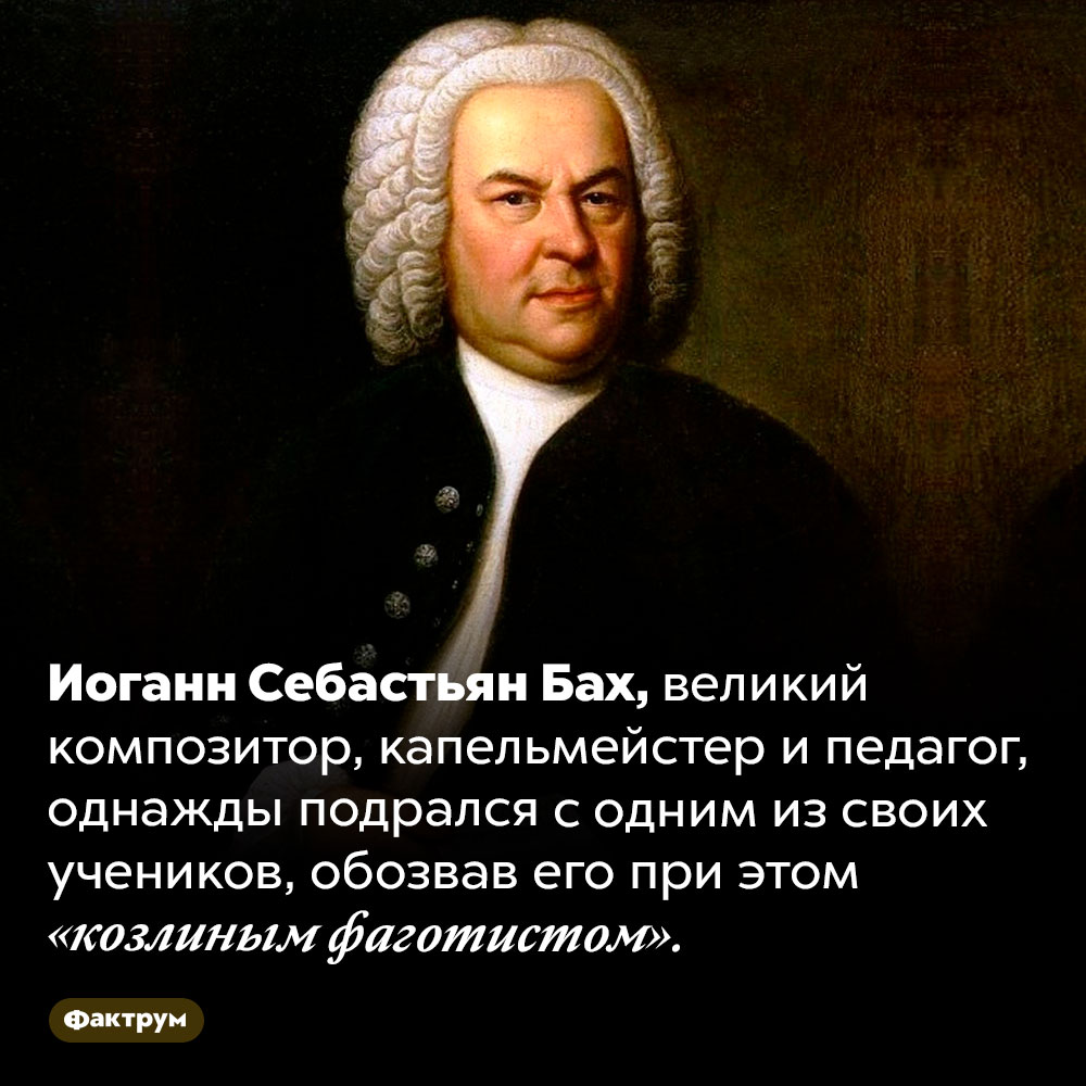 Однажды Бах подрался со своим учеником. Иоганн Себастьян Бах, великий композитор, капельмейстер и педагог, однажды подрался с одним из своих учеников, обозвав его при этом «козлиным фаготистом».