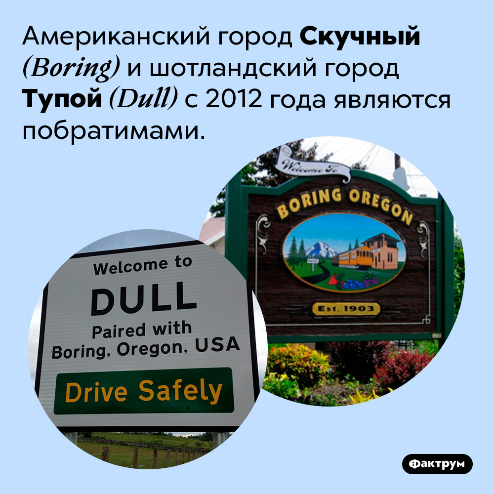 Скучный и Тупой — города-побратимы. Американский город Скучный <em>(Boring)</em> и шотландский город Тупой <em>(Dull)</em> с 2012 года являются побратимами.