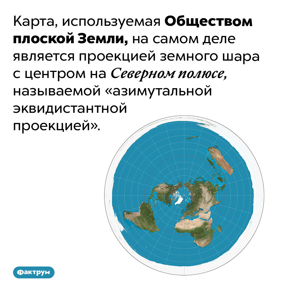 Карта Общества плоской Земли — азимутальная проекция земного шара. Карта, используемая Обществом плоской Земли, на самом деле является проекцией земного шара с центром на Северном полюсе, называемой «азимутальной эквидистантной проекцией».