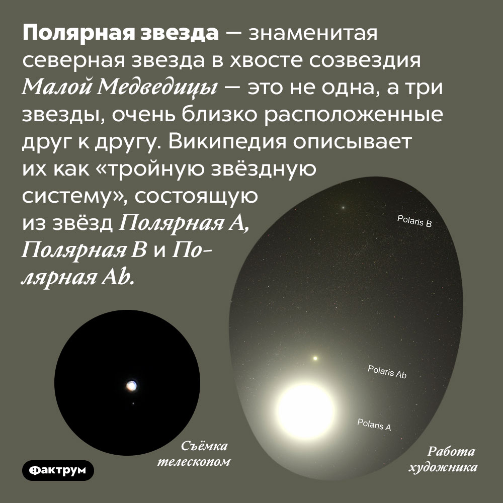 Полярная звезда — это три звезды. Полярная звезда — знаменитая северная звезда в хвосте созвездия Малой Медведицы — это не одна, а три звезды, очень близко расположенные друг к другу. Википедия описывает их как «тройную звёздную систему», состоящую из звёзд Полярная A, Полярная B и Полярная P.