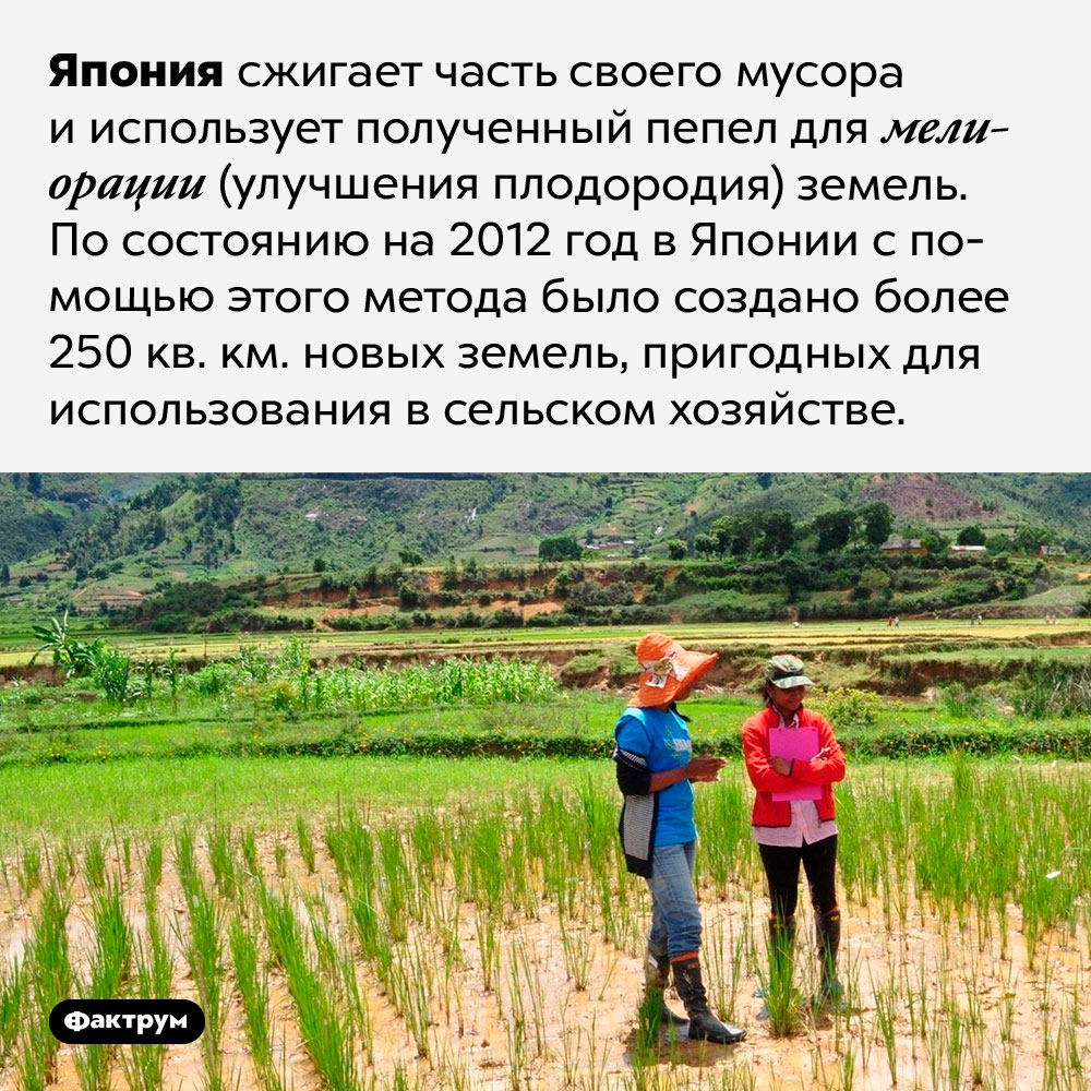 Япония использует пепел мусора для мелиорации земель. Япония сжигает часть своего мусора и использует полученный пепел для мелиорации (улучшения плодородия) земель. По состоянию на 2012 год в Японии с помощью этого метода было создано более 250 кв. км. новых земель, пригодных для использования в сельском хозяйстве.