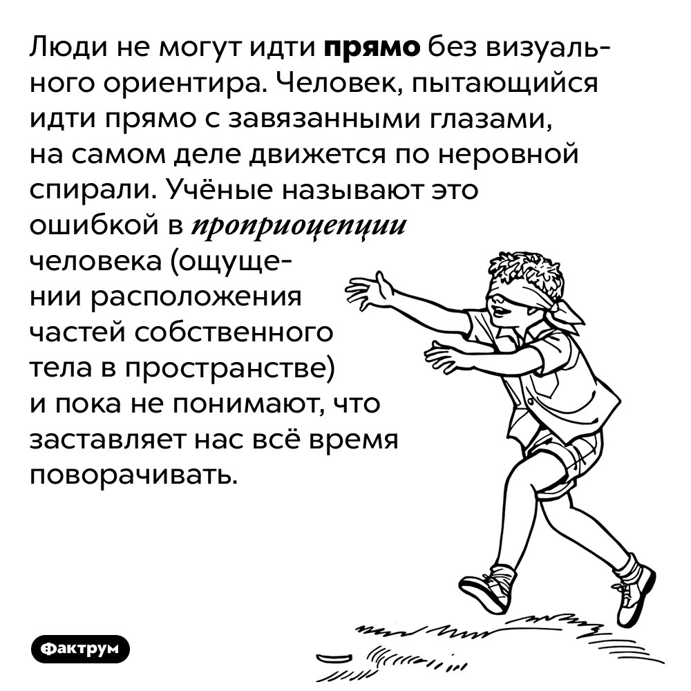 Человек не может идти прямо с завязанными глазами. Люди не могут идти прямо без визуального ориентира. Человек, пытающийся идти прямо с завязанными глазами, на самом деле движется по неровной спирали. Учёные называют это ошибкой в проприоцепции человека (ощущении расположения частей собственного тела в пространстве) и пока не понимают, что заставляет нас всё время поворачивать.