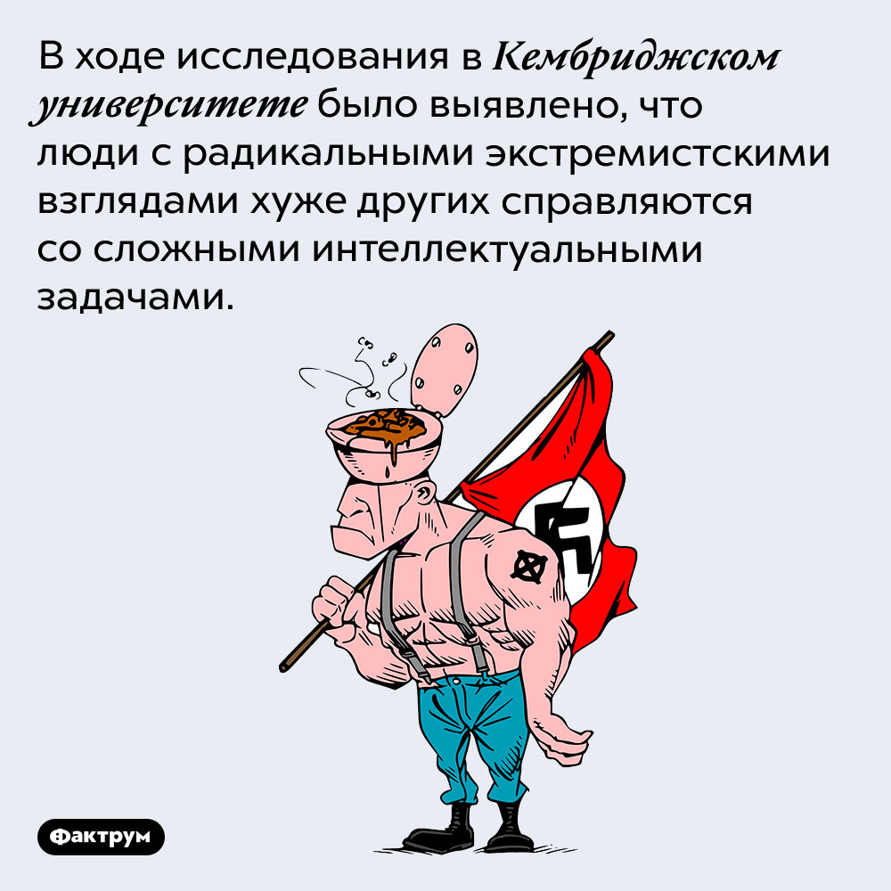 Экстремисты плохо справляются с интеллектуальными задачами. В ходе исследования в Кембриджском университете было выявлено, что люди с радикальными экстремистскими взглядами хуже других справляются со сложными интеллектуальными задачами.