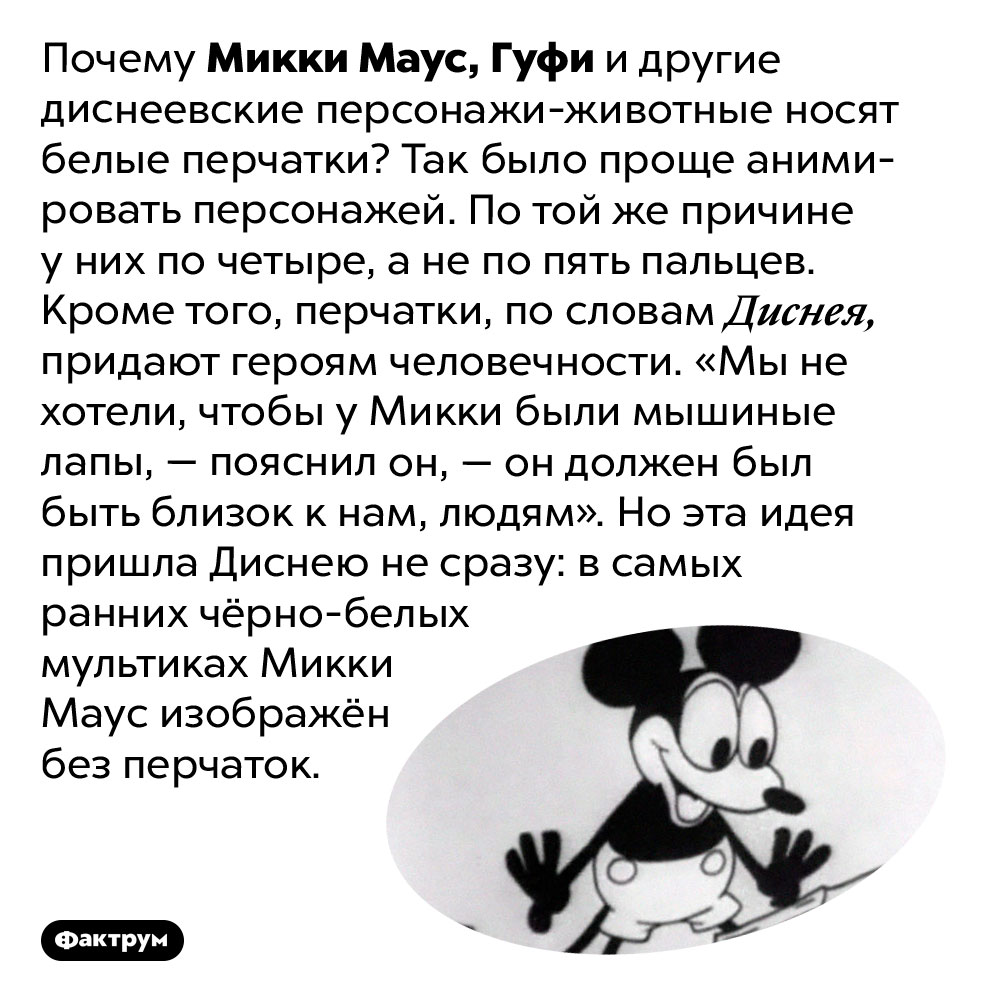 Зачем Микки Маусу белые перчатки. Почему Микки Маус, Гуфи и другие диснеевские персонажи-животные носят белые перчатки? Так было проще анимировать персонажей. По той же причине у них по четыре, а не по пять пальцев. Кроме того, перчатки, по словам Диснея, придают героям человечности. «Мы не хотели, чтобы у Микки были мышиные лапы, — пояснил он, — он должен был быть близок к нам, людям». Но эта идея пришла Диснею не сразу: в самых ранних чёрно-белых мультиках Микки Маус изображён без перчаток.