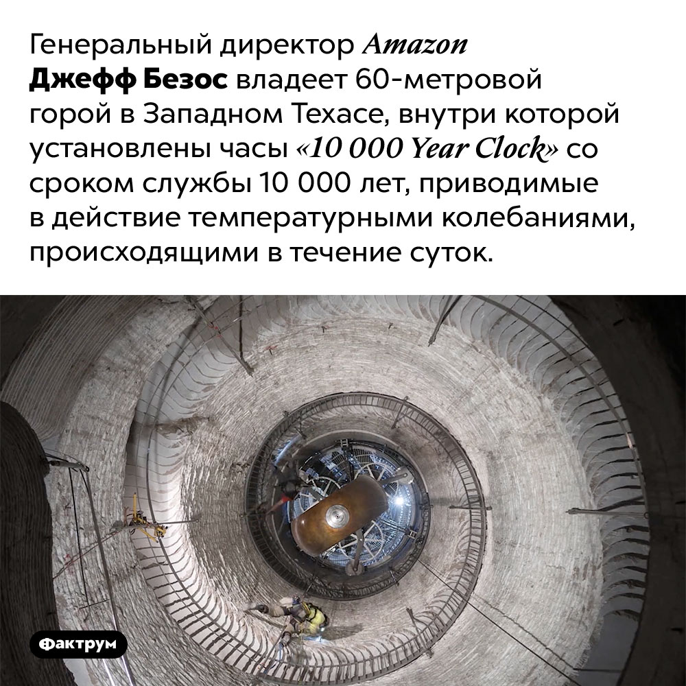 10000-летние часы Джеффа Безоса. Генеральный директор <em>Amazon</em> Джефф Безос владеет 60-метровой горой в Западном Техасе, внутри которой установлены часы «10 000 Year Clock» со сроком службы 10 000 лет, приводимые в действие температурными колебаниями, происходящими в течение суток.
