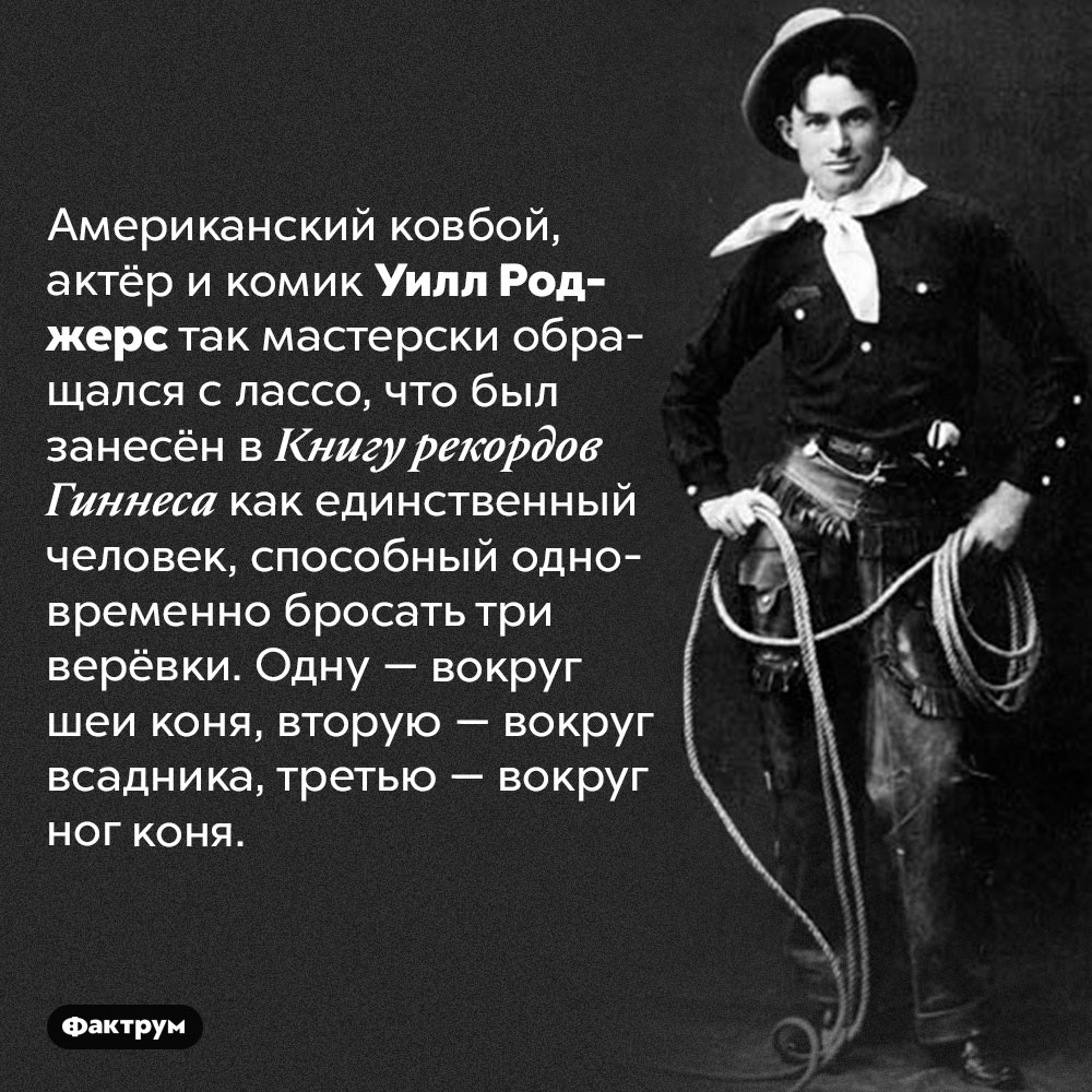 Ковбой Уилл Роджерс мог бросить одновременно три лассо. Американский ковбой, актёр и комик Уилл Роджерс так мастерски обращался с лассо, что был занесён в Книгу рекордов Гиннеса как единственный человек, способный одновременно бросать три верёвки. Одну — вокруг шеи коня, вторую — вокруг всадника, третью — вокруг ног коня.