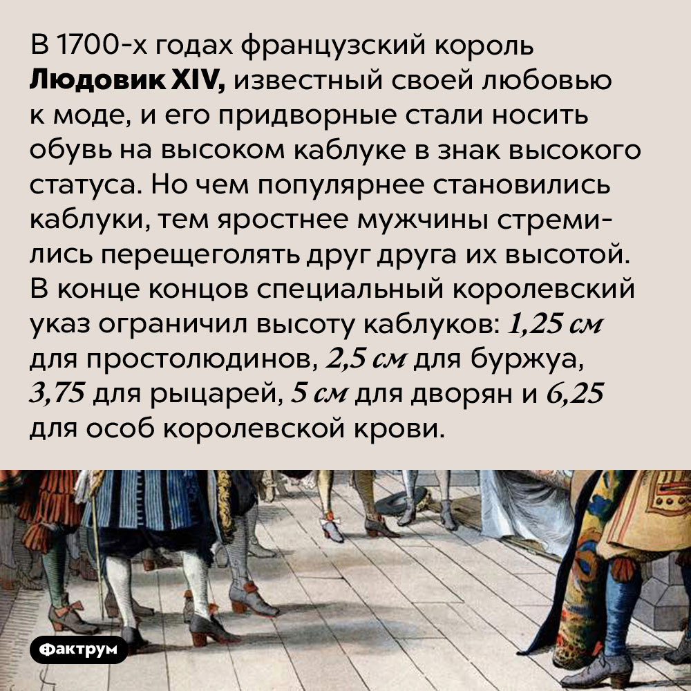 Людовик XIV запрещал придворным носить каблуки выше, чем у него. В 1700-х годах французский король Людовик XIV, известный своей любовью к моде, и его придворные стали носить обувь на высоком каблуке в знак высокого статуса. Но чем популярнее становились каблуки, тем яростнее мужчины стремились перещеголять друг друга их высотой. В конце концов специальный королевский указ ограничил высоту каблуков: 1,25 см для простолюдинов, 2,5 см для буржуа, 3,75 для рыцарей, 5 см для дворян и 6,25 для особ королевской крови.
