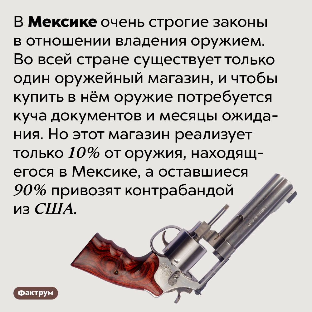 Откуда берётся оружие в Мексике?. В Мексике очень строгие законы в отношении владения оружием. Во всей стране существует только один оружейный магазин, и чтобы купить в нём оружие потребуется куча документов и месяцы ожидания. Но этот магазин реализует только 10% от оружия, находящегося в Мексике, а оставшиеся 90% привозят контрабандой из США.