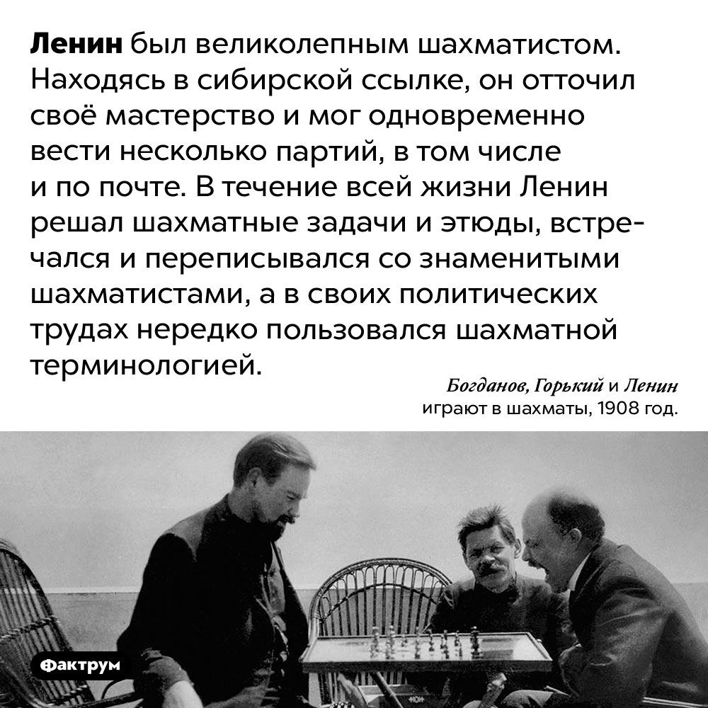 Ленин увлекался шахматами. Ленин был великолепным шахматистом. Находясь в сибирской ссылке, он отточил своё мастерство и мог одновременно вести несколько партий, в том числе и по почте. В течение всей жизни Ленин решал шахматные задачи и этюды, встречался и переписывался со знаменитыми шахматистами, а в своих политических трудах нередко пользовался шахматной терминологией.