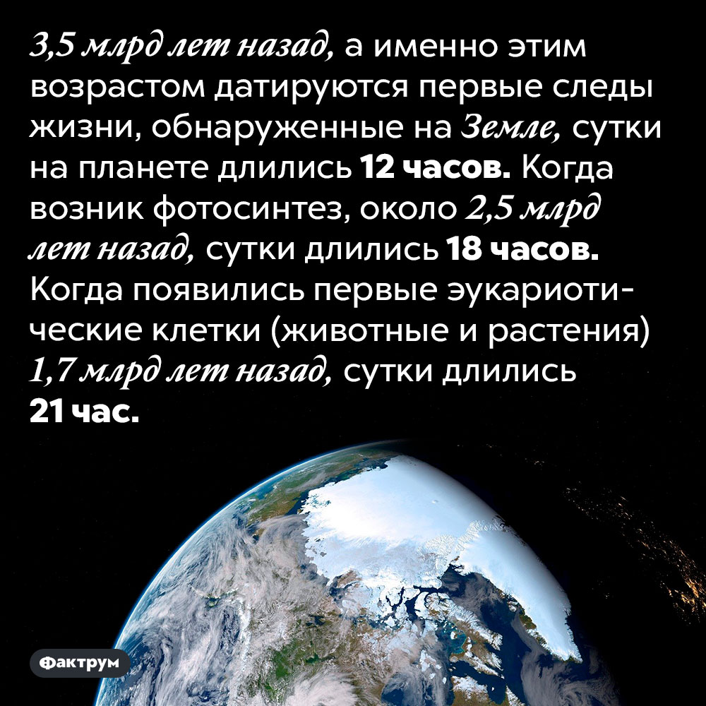 Сутки не всегда длились 24 часа. 3,5 млрд лет назад, а именно этим возрастом датируются первые следы жизни, обнаруженные на Земле, сутки на планете длились 12 часов. Когда возник фотосинтез, около 2,5 млрд лет назад, сутки длились 18 часов. Когда появились первые эукариотические клетки (животные и растения) 1,7 млрд лет назад, сутки длились 21 час.