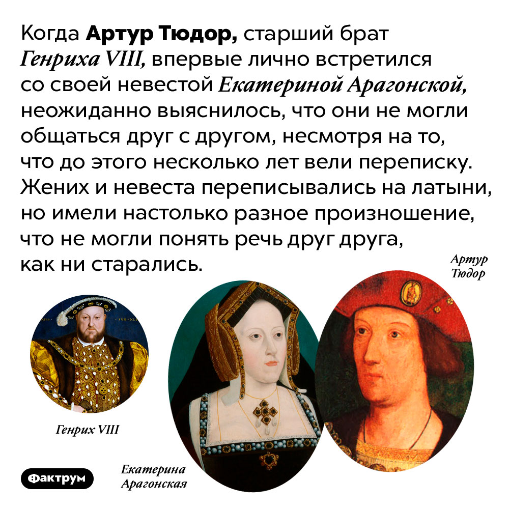 Почему Артур Тюдор не мог понять свою невесту. Когда Артур Тюдор, старший брат Генриха VIII, впервые лично встретился со своей невестой Екатериной Арагонской, неожиданно выяснилось, что они не могли общаться друг с другом, несмотря на то, что до этого несколько лет вели переписку. Жених и невеста переписывались на латыни, но имели настолько разное произношение, что не могли понять речь друг друга, как ни старались.