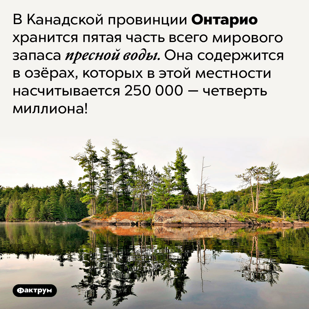 В Канадской провинции Онтарио 250 000 озёр. В Канадской провинции Онтарио хранится пятая часть всего мирового запаса пресной воды. Она содержится в озёрах, которых в этой местности насчитывается 250 000 — четверть миллиона!