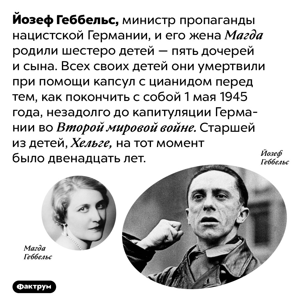 Йозеф Геббельс перед самоубийством убил всех своих детей. Йозеф Геббельс, министр пропаганды нацистской Германии, и его жена Магда родили шестеро детей — пять дочерей и сына. Всех своих детей они умертвили при помощи капсул с цианидом перед тем, как покончить с собой 1 мая 1945 года, незадолго до капитуляции Германии во Второй мировой войне. Старшей из детей, Хельге, на тот момент было двенадцать лет.